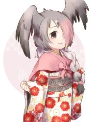 Rule 34 | 10s, 1girl, adapted costume, bird wings, bow, braid, cloak, commentary request, floral print, grey hair, hair over one eye, hair tie, head wings, japanese clothes, kemono friends, kimono, long sleeves, pink-backed pelican (kemono friends), pink hair, sash, short hair, solo, tatsuno newo, wings