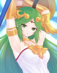 Rule 34 | 1girl, :o, ancient greek clothes, armlet, armpits, arms up, bracer, breasts, chiton, circlet, collarbone, eyes visible through hair, green eyes, green hair, jewelry, kid icarus, long hair, medium breasts, neck ring, necklace, nintendo, open mouth, palutena, parted bangs, shield, solo, staff, strapless, suta (clusta), very long hair