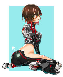 Rule 34 | 1girl, absurdres, android, ass, black-framed eyewear, blue background, border, breasts, brown hair, cropped jacket, full body, glasses, green eyes, hair between eyes, heart, highres, hololive, jacket, looking at viewer, looking back, mechanical arms, mechanical legs, multicolored eyes, nana g, no pants, outside border, parted lips, roboco-san, roboco-san (1st costume), short hair, short sleeves, sitting, smile, solo, virtual youtuber, wariza, white border, yellow eyes