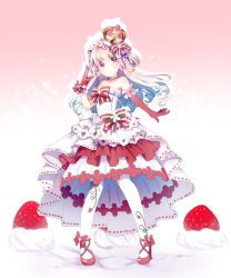 Rule 34 | 1girl, ameshizuku natsuki, bare shoulders, blue hair, bow, cake, crown, dress, elbow gloves, flower, food, food-themed clothes, food-themed ornament, frills, fruit, full body, gloves, gradient background, gradient hair, hair bow, highres, long hair, looking at viewer, multicolored hair, original, pantyhose, personification, pink background, pocketland, print pantyhose, red bow, red eyes, red footwear, red gloves, shoes, single elbow glove, skirt, smile, solo, standing, strapless, strapless dress, strawberry, strawberry blossoms, strawberry shortcake, striped, striped bow, waist bow, white background, white hair, white pantyhose