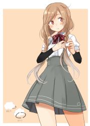 Rule 34 | 1girl, annin musou, bad id, bad twitter id, bow, bowtie, braid, brown eyes, cloud hair ornament, cowboy shot, grey skirt, highres, kantai collection, light brown hair, long hair, looking at viewer, minegumo (kancolle), plaid, plaid bow, plaid bowtie, plaid neckwear, pleated skirt, red bow, red bowtie, school uniform, shirt, short sleeves, skirt, solo, suspender skirt, suspenders, twin braids, white shirt