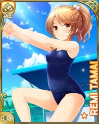 Rule 34 | 1girl, bare arms, barefoot, brown eyes, brown hair, card (medium), chainlink fence, closed mouth, competition swimsuit, day, girlfriend (kari), looking at viewer, official art, one-piece swimsuit, outdoors, ponytail, pool, poolside, qp:flapper, school, sitting, smile, solo, swimsuit, tagme, tamai remi