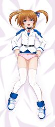 Rule 34 | 1girl, absurdres, blue eyes, blush, breasts, brown hair, clothes lift, hair ribbon, highres, looking at viewer, lyrical nanoha, mahou shoujo lyrical nanoha, mahou shoujo lyrical nanoha a&#039;s, military uniform, miniskirt, open mouth, oshimaru026, panties, pink panties, ribbon, short hair, skirt, skirt lift, small breasts, smile, solo, takamachi nanoha, thighhighs, tongue, tongue out, tsab air military uniform, twintails, underwear, uniform, white thighhighs