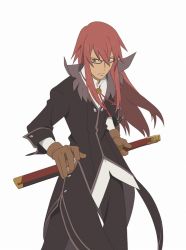 Rule 34 | 00s, 1boy, glass, glasses, gloves, green eyes, long hair, male focus, official art, red hair, richter abend, sheath, sheathed, simple background, solo, sword, tales of (series), tales of symphonia, tales of symphonia: dawn of the new world, tan, weapon, white background
