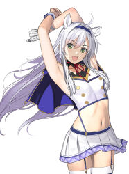 Rule 34 | 1girl, :d, ahoge, animal ears, armpits, arms behind head, arms up, blue capelet, blue thighhighs, capelet, cheerleader, crop top, cropped legs, detached collar, double-parted bangs, garter straps, gloves, green eyes, headband, long hair, looking at viewer, mibu natsuki, midriff, navel, open mouth, pleated skirt, red ribbon, ribbon, rokudenashi majutsu koushi to akashic record, sidelocks, single glove, sistine fibel, skirt, smile, tank top, thighhighs, white background, white gloves, white hair, white skirt, white tank top, wrist cuffs