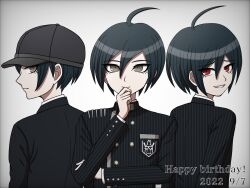 Rule 34 | 1boy, ahoge, black hair, black headwear, black jacket, breast pocket, brown eyes, buttons, closed mouth, danganronpa (series), danganronpa v3: killing harmony, dated, double-breasted, gradient background, grey background, grin, hair between eyes, happy birthday, highres, jacket, long sleeves, looking at viewer, male focus, multiple views, official alternate costume, pocket, red eyes, saihara shuichi, short hair, smile, striped clothes, striped jacket, suiren yurei, teeth, upper body