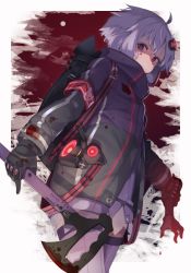 Rule 34 | 1girl, ahoge, armband, axe, backpack, bag, black gloves, blood, blood on clothes, blood on face, blood stain, detached arm, dress, gloves, hair ornament, holding, holding axe, holding weapon, jacket, long sleeves, purple dress, purple eyes, purple hair, purple thighhighs, rabbit, severed arm, severed limb, shaded face, short hair with long locks, solo, strapless, strapless dress, thighhighs, tube dress, vocaloid, voiceroid, weapon, yuzuki yukari, zoruboi