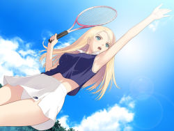Rule 34 | 00s, 1girl, armpits, arms up, blonde hair, blue eyes, blue theme, breasts, cloud, date wingfield reiko, day, fault!!, game cg, large breasts, lens flare, long hair, looking up, midriff, navel, open mouth, panties, pantyshot, playing, skirt, sky, solo, standing, sunlight, sweat, tennis, tony taka, underwear, upskirt, white panties