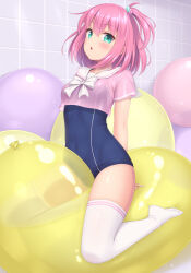 Rule 34 | 1girl, arms behind back, balloon, blue one-piece swimsuit, bow, bowtie, cropped shirt, green eyes, hair ornament, highres, looking at viewer, medium hair, no shoes, one-piece swimsuit, one side up, open mouth, original, phallic symbol, pink hair, pink shirt, sailor collar, sasaame, school uniform, see-through, see-through shirt, serafuku, shirt, short sleeves, sitting, solo, star (symbol), star hair ornament, straddling, swimsuit, swimsuit under clothes, thighhighs, white bow, white bowtie, white sailor collar, white thighhighs