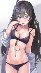 Rule 34 | 1girl, ahoge, alternate hair color, bad id, bad pixiv id, bare shoulders, black bra, black hair, black panties, blue eyes, bra, breasts, cleavage, collarbone, cowboy shot, finger to mouth, gradient background, hair between eyes, hand up, ichinose shiki, idolmaster, idolmaster cinderella girls, long hair, looking at viewer, medium breasts, navel, no pants, off shoulder, open clothes, open shirt, panties, revision, shirt, solo, standing, stomach, thighs, tongue, tongue out, underwear, unfinished, white shirt, yoropa