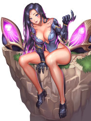 Rule 34 | 1girl, :d, bad leg, black hair, breasts, cleavage, cliff, facial mark, full body, gauntlets, highres, kai&#039;sa, large breasts, league of legends, long hair, looking at viewer, mechanical arms, mechanical foot, multicolored hair, open mouth, purple eyes, purple hair, sitting, smile, solo, tattoo, turna98, two-tone hair