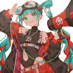 Rule 34 | 1girl, 39, adjusting eyewear, aqua eyes, aqua hair, arm up, belt, black jacket, black leotard, blunt bangs, braid, breasts, chain, chain necklace, closed mouth, clothing cutout, earclip, goggles, goggles on head, hatsune miku, highres, holding, holding megaphone, jacket, jewelry, leotard, looking at viewer, magical mirai (vocaloid), magical mirai miku, magical mirai miku (2023), medium breasts, megaphone, multicolored hair, navel, necklace, number tattoo, off shoulder, open clothes, open jacket, pants, red hair, red nails, red pants, saekiya sabou, simple background, smile, solo, stomach cutout, tattoo, twin braids, twintails, twitter username, two-sided fabric, two-sided jacket, two-tone hair, upper body, white background, white belt
