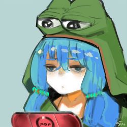Rule 34 | 10s, 1girl, 4chan, animal costume, artist name, blanket, blue background, blue eyes, blue hair, boy&#039;s club, console, frog, frog costume, hair bobbles, hair ornament, handheld game console, ishida sui, lips, long hair, lowres, matching hair/eyes, meme, monster, oekaki, pepe the frog, playing, playstation portable, sad, simple background, solo, tokyo ghoul, tokyo ghoul:re, twintails, yonebayashi saiko