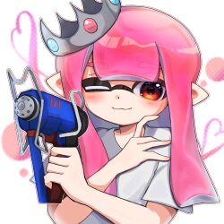 Rule 34 | 1girl, :3, absurdres, blurry, blurry background, closed mouth, commentary, crown, glooga dualies (splatoon), glue gun, gun, heart, highres, holding, holding gun, holding weapon, inkling, inkling girl, inkling player character, knr 2, long hair, looking at viewer, nintendo, one eye closed, pink hair, pointy ears, red eyes, smile, solo, splatoon (series), splatoon 3, symbol-only commentary, tentacle hair, upper body, weapon, white background