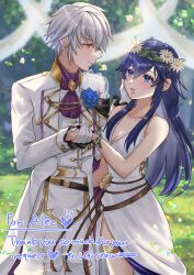 Rule 34 | 1boy, 1girl, bare shoulders, blue eyes, blue flower, blue hair, blurry, breasts, cleavage, commission, dress, fire emblem, fire emblem awakening, fire emblem heroes, flower, flower wreath, formal, gloves, grabbing another&#039;s hand, highres, long hair, looking at another, lucina (fire emblem), lucina (valentine) (fire emblem), nintendo, parted lips, plunging neckline, robin (fire emblem), robin (male) (fire emblem), robin (male) (groom) (fire emblem), signature, skeb commission, small breasts, smile, snow20200, suit, tuxedo, white dress, white flower, white gloves, white hair, white suit, yellow eyes