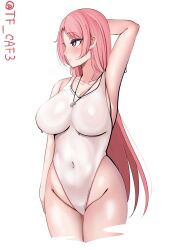 Rule 34 | 1girl, breasts, collarbone, competition swimsuit, cowboy shot, highres, kantai collection, large breasts, long hair, luigi di savoia duca degli abruzzi (kancolle), one-piece swimsuit, open mouth, pink eyes, pink hair, simple background, solo, standing, swimsuit, tf cafe, twitter username, whistle, whistle around neck, white background, white one-piece swimsuit