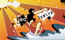 Rule 34 | 1boy, black hair, black shirt, black t-shirt, camouflage, clenched hand, cloud, full body, highres, male focus, monkey d. luffy, ocean, oda eiichirou, one piece, orange sky, profile, shirt, sky, smile, solo, splatter, sun, surfing, t-shirt, text focus, third-party edit, water