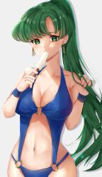 Rule 34 | 1girl, alternate costume, blue one-piece swimsuit, breasts, cleavage, commentary request, earrings, edamameoka, fire emblem, fire emblem: the blazing blade, food, green eyes, green hair, grey background, highres, holding, holding food, jewelry, large breasts, long hair, looking at viewer, lyn (fire emblem), navel, nintendo, o-ring, o-ring swimsuit, one-piece swimsuit, ponytail, popsicle, simple background, solo, stomach, swimsuit, upper body, very long hair