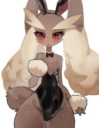 Rule 34 | 1girl, animal ears, arm at side, bare shoulders, black bow, black bowtie, black hairband, black leotard, blush, body fur, bowtie, breasts, brown fur, brown sclera, cleavage, collarbone, colored sclera, covered navel, cowboy shot, creatures (company), detached collar, fake animal ears, female focus, forehead, furry, furry female, game freak, gen 4 pokemon, groin, hairband, hand on own chest, hand up, hip focus, leotard, looking at viewer, lopunny, nintendo, open mouth, playboy bunny, pokemon, pokemon (creature), rabbit ears, rabbit girl, rabbit tail, red eyes, simple background, small breasts, solo, standing, strapless, strapless leotard, thick thighs, thighs, traditional bowtie, two-tone fur, utta, white background, wide hips, yellow fur