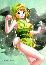 Rule 34 | 1girl, alternate costume, animal ears, artist name, bare shoulders, blonde hair, carrot (one piece), commentary request, head scarf, highres, one piece, open mouth, oregano551, rabbit ears, rabbit girl, rabbit tail, short hair, smile, solo, tail, teeth