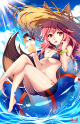 Rule 34 | 1girl, :d, animal ear fluff, animal ears, artist name, bare arms, bare legs, bare shoulders, barefoot, bikini, blue bikini, blue sky, breasts, cloud, commentary, crossed legs, cup, day, drinking glass, ears through headwear, elver-lee, fate/grand order, fate (series), feet out of frame, food, fox ears, fox tail, fruit, hair between eyes, hands up, hat, highres, holding, holding cup, ice cream cone, innertube, jewelry, light rays, long hair, looking at viewer, medium breasts, navel, necklace, open mouth, orange eyes, outdoors, pink hair, pocky, side-tie bikini bottom, sitting, sky, smile, solo, sparkle, stomach, straw hat, strawberry, sun hat, swim ring, swimsuit, tail, tamamo (fate), tamamo no mae (fate/extra), tamamo no mae (swimsuit lancer) (fate), thighs, waffle cone, water, water drop