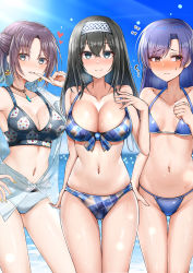 Rule 34 | 3girls, absurdres, ahoge, armpits, asakura toru, bare shoulders, beach, bikini, black bikini, black hair, blue bikini, blue eyes, blue hair, blue sky, blush, breasts, brown choker, brown eyes, brown hair, checkered bikini, checkered clothes, choker, cleavage, closed mouth, cloud, collarbone, commentary request, cowboy shot, crossed bangs, day, earrings, embarrassed, finger to mouth, flying sweatdrops, front-tie bikini top, front-tie top, gluteal fold, gradient hair, groin, hair between eyes, hairband, half updo, hand on own hip, hand on own chest, hand up, heart, highres, idolmaster, idolmaster (classic), idolmaster cinderella girls, idolmaster shiny colors, jacket, jewelry, kisaragi chihaya, large breasts, light rays, long hair, looking at viewer, looking to the side, mabanna, midriff, mismatched bikini, multicolored hair, multiple girls, navel, nose blush, ocean, off shoulder, outdoors, parted bangs, parted lips, partially unbuttoned, sagisawa fumika, see-through, short hair, sidelocks, skindentation, sky, small breasts, smile, standing, sunbeam, sunlight, sweat, swimsuit, thigh gap