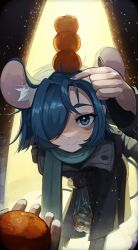 Rule 34 | 1girl, absurdres, ahoge, animal ears, bag, bags under eyes, blue eyes, blue hair, blue nails, blue scarf, blush, closed mouth, coat, dot nose, feet out of frame, food, fruit, grey coat, hair intakes, hair over one eye, highres, holding, holding bag, holding food, holding fruit, leaning forward, long sleeves, looking at viewer, mandarin orange, mouse ears, mouse girl, mouse tail, original, parasoru buruu, parted bangs, perspective, plastic bag, pointing, pointing at forehead, pointing at self, pov, scarf, short hair, smile, snow, solo focus, tail, winter, winter clothes