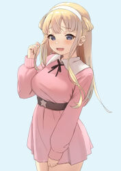 Rule 34 | 1girl, belt, blonde hair, blue background, breasts, collared dress, double bun, dress, fletcher (kancolle), gradient background, hair bun, hairband, kantai collection, large breasts, long hair, looking at viewer, open mouth, pink dress, purple eyes, sakieko, short dress, smile, solo