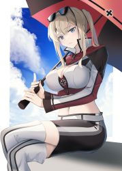 Rule 34 | 1girl, absurdres, adapted costume, blonde hair, blush, boots, breasts, cleavage, closed mouth, eyewear on head, glasses, graf zeppelin (kancolle), hair between eyes, highres, holding, holding umbrella, kantai collection, large breasts, long hair, midriff, navel, parasol, pencil skirt, purple eyes, race queen, sidelocks, sitting, skirt, solo, sunglasses, thigh boots, thighhighs, twintails, umbrella, white footwear, yunamaro, zettai ryouiki