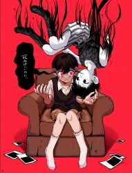 Rule 34 | 2boys, black eyes, black hair, black socks, black sweater vest, black tank top, brown shorts, child, collar, colored skin, couch, crying, dual persona, empty eyes, expressionless, floating, hands up, highres, k toast, male focus, multiple boys, omori, omori (omori), on couch, photo (object), red background, red eyes, short hair, short sleeves, shorts, sitting, socks, striped clothes, striped shorts, sunny (omori), sweater vest, tank top, translated, upside-down, vertical-striped clothes, vertical-striped shorts, white collar, white skin, white socks