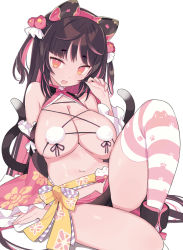 Rule 34 | 1girl, alternate breast size, animal ears, arm support, black hair, black kimono, black panties, blade (galaxist), blush, breasts, cat ears, cat girl, cat tail, cleavage, detached sleeves, fake animal ears, frilled sleeves, frills, hair ornament, japanese clothes, kimono, large breasts, long hair, looking at viewer, multicolored hair, multiple tails, navel, nekoyama nae, open mouth, orange eyes, panties, print sleeves, red sleeves, revealing clothes, sash, short eyebrows, single thighhigh, sitting, sleeveless, sleeveless kimono, smile, solo, striped clothes, striped thighhighs, tail, thick eyebrows, thighhighs, toranoana, two-tone hair, two side up, two tails, underwear, virtual youtuber, wide sleeves
