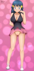 Rule 34 | 1girl, absurdres, arm behind back, black dress, black hair, blue eyes, blush, breasts, bubble background, cleavage, collarbone, creatures (company), dawn (pokemon), dress, game freak, hair ornament, hairclip, highres, large breasts, long hair, looking at viewer, nintendo, no panties, pink background, pink dress, pink footwear, pokemon, pokemon dppt, pussy, shoes, sleeveless, sleeveless dress, smile, sneakers, standing, wind, wind lift, zel-sama