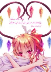 Rule 34 | 1girl, bare shoulders, blonde hair, blush, bow, covered mouth, crossed arms, crystal, dated, english text, flandre scarlet, hair between eyes, hair bow, happy birthday, head tilt, heart, heart wings, highres, hugging object, kawasaki toiro, looking at viewer, lying, multicolored wings, on stomach, one side up, pillow, pillow hug, red bow, red eyes, simple background, solo, touhou, white background, wings