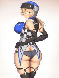 Rule 34 | 1girl, ass, blonde hair, breasts, butt crack, commentary, earth defense force, elbow gloves, gloves, green eyes, helmet, large breasts, long hair, looking at viewer, looking back, maku ro, short shorts, shorts, simple background, skindentation, solo, thighhighs, wing diver