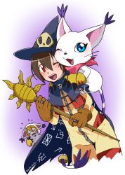 Rule 34 | aioka (aichiu kuchiu), blue eyes, blush, brown eyes, brown hair, cape, commentary request, cosplay, digimon, digimon (creature), digimon adventure, gloves, hat, highres, looking at viewer, open mouth, red eyes, short hair, skull, smile, staff, tailmon, wizard hat, wizarmon, yagami hikari