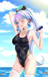 Rule 34 | 1girl, arm up, armpits, ayaka (genshin impact), blue eyes, blunt bangs, breasts, cleavage, competition swimsuit, covered navel, flower knot, genshin impact, hair ribbon, highleg, highleg swimsuit, highres, holding, jewelry, long hair, looking at viewer, lotion, matrix16, medium breasts, mole, mole under eye, neck ring, ocean, one-piece swimsuit, one eye closed, open mouth, ponytail, ribbon, silver hair, sky, solo, suggestive fluid, sunlight, sunscreen, swimsuit, thighhighs, tress ribbon, tube, white thighhighs