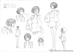 Rule 34 | 1girl, artist name, bob cut, breasts, character name, character sheet, copyright name, curvy, disgust, dress, female focus, hood, hoodie, lim (one piece), looking to the side, monochrome, multiple views, navel, oda eiichirou, official art, one piece, one piece: odyssey, short hair, simple background, sketch, small breasts, smile, standing, translated