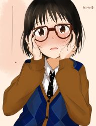 Rule 34 | 1boy, androgynous, argyle, argyle clothes, argyle sweater, black hair, blush, brown eyes, brown hair, character name, genshiken, glasses, hands on own cheeks, hands on own face, hato kenjirou, machahiro (shiitake), male focus, monochrome, necktie, open mouth, shiitake407, short hair, solo, sweat, sweater, sweater vest, trap