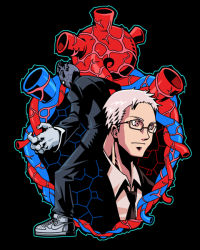 Rule 34 | 1boy, dorohedoro, formal, glasses, heart (organ), k kumahachi, looking back, male focus, mask, necktie, shin (dorohedoro), shoes, sneakers, solo, stitches, suit, upper body, white hair