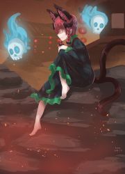 Rule 34 | 1girl, animal ear fluff, animal ears, b.d, barefoot, black bow, black dress, blue fire, blunt bangs, bow, braid, building, cat ears, cat tail, closed mouth, dress, embers, expressionless, extra ears, eyebrows hidden by hair, fire, flaming skull, floating skull, from side, full body, hair bow, hair ribbon, highres, hitodama, jitome, juliet sleeves, kaenbyou rin, knee up, lantern, light particles, long hair, long sleeves, looking ahead, multiple tails, nekomata, pointy ears, profile, puffy sleeves, red eyes, red hair, ribbon, rock, sitting, solo, tail, toes, touhou, tress ribbon, twin braids, twintails, two tails