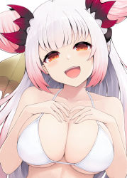 Rule 34 | 1girl, nanashi inc., :d, absurdres, bare arms, bare shoulders, bikini, blush, breasts, cleavage, collarbone, double bun, gradient hair, hair bun, hands on own chest, head tilt, highres, honey strap, large breasts, long hair, looking at viewer, multicolored hair, open mouth, orange eyes, pink hair, pointy ears, simple background, smile, solo, suou patra, swimsuit, teeth, temari rin, upper body, upper teeth only, very long hair, virtual youtuber, white background, white bikini, white hair