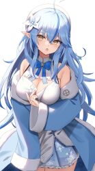 Rule 34 | 1girl, ahoge, bare shoulders, blue bow, blue bowtie, blue coat, blue hair, blue skirt, blush, bow, bowtie, braid, breasts, center frills, cleavage, cleavage cutout, clothing cutout, coat, colored tips, crossed bangs, double-parted bangs, elf, flower, frilled shirt, frilled skirt, frills, fur-trimmed coat, fur trim, hair between eyes, hair flower, hair ornament, heart, heart ahoge, highres, hololive, large breasts, long hair, looking at viewer, multicolored hair, off shoulder, open mouth, pleated skirt, pointy ears, shirt, skirt, sleeveless, sleeveless shirt, snowflake hair ornament, snowflake print, solo, streaked hair, thomas 8000, virtual youtuber, white background, white shirt, yellow eyes, yukihana lamy, yukihana lamy (1st costume)