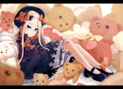 Rule 34 | 1girl, abigail williams (fate), bad id, bad pixiv id, black bow, black dress, black footwear, black hat, blonde hair, bloomers, blue eyes, blurry, blurry background, bow, dress, fate/grand order, fate (series), forehead, hair bow, hat, leaning back, legs, long hair, looking at viewer, omaru gyuunyuu, orange bow, parted bangs, parted lips, pillow, polka dot, polka dot bow, ribbed dress, sitting, sleeves past fingers, sleeves past wrists, solo, stuffed animal, stuffed toy, teddy bear, underwear, white bloomers