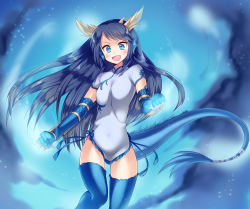 Rule 34 | 1girl, black hair, blue eyes, blush, china dress, chinese clothes, dragon girl, dragon tail, dress, elbow gloves, fins, gloves, head fins, horns, kaki s, karin (p&amp;d), long hair, open mouth, puzzle &amp; dragons, tail, thighhighs