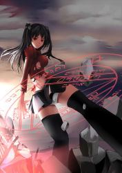 Rule 34 | 1girl, bad id, bad pixiv id, black hair, e jian, fate/stay night, fate (series), foreshortening, glyph, hair ribbon, highres, long hair, magic circle, panties, red eyes, ribbon, skirt, solo, thighhighs, tohsaka rin, torn clothes, twintails, two side up, underwear, zettai ryouiki