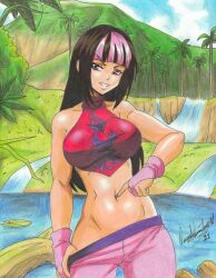 Rule 34 | 1girl, 2021, absurdres, black hair, blunt bangs, breasts, capcom, commission, cowboy shot, female focus, fingerless gloves, gloves, han juri, highres, hime cut, lake, large breasts, midriff, mountain, multicolored clothes, multicolored hair, nail polish, navel, navel fingering, palm tree, pants, pants partially removed, pink eyes, pink hair, ravernclouk design, shirt, sleeveless, sleeveless shirt, solo, sportswear, stomach, street fighter, street fighter v, traditional media, tree, turtleneck crop top, two-tone hair, water, waterfall, yoga pants