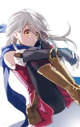 Rule 34 | 1girl, bare shoulders, black pantyhose, blue scarf, fire emblem, fire emblem: radiant dawn, gloves, hair ribbon, long hair, looking at viewer, micaiah (fire emblem), nana (nanalog76), nintendo, pantyhose, ribbon, scarf, silver hair, sleeveless, solo, yellow eyes