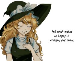 Rule 34 | 1girl, black vest, blonde hair, bow, braid, closed eyes, commentary request, english text, hair bow, hat, hat bow, kirisame marisa, long hair, ramnik5, short sleeves, side braid, simple background, single braid, smile, solo, touhou, vest, white background, white bow, witch hat