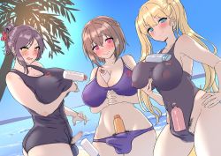 Rule 34 | 3girls, beach, between breasts, bikini, black hair, blonde hair, blue eyes, blush, breasts, brown hair, bulge, censored, cleavage, covered erect nipples, erection, female pubic hair, futanari, highres, huge breasts, inari mochi, long hair, looking at viewer, mosaic censoring, multiple girls, one-piece swimsuit, original, penis, pubic hair, purple hair, red eyes, see-through, shampoo challenge, short hair, small penis, standing, swimsuit, testicles, twintails, yellow eyes