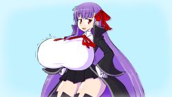 Rule 34 | 1girl, bb (fate), bb (fate), bb (fate/extra), boots, breast expansion, breasts, collared shirt, fang, fate/extra, fate/extra ccc, fate (series), fupoo, gloves, hair ribbon, huge breasts, long hair, open mouth, purple hair, red eyes, ribbon, shirt, skirt, solo, thigh boots, thighhighs, thighs, twitter username, very long hair, wide sleeves